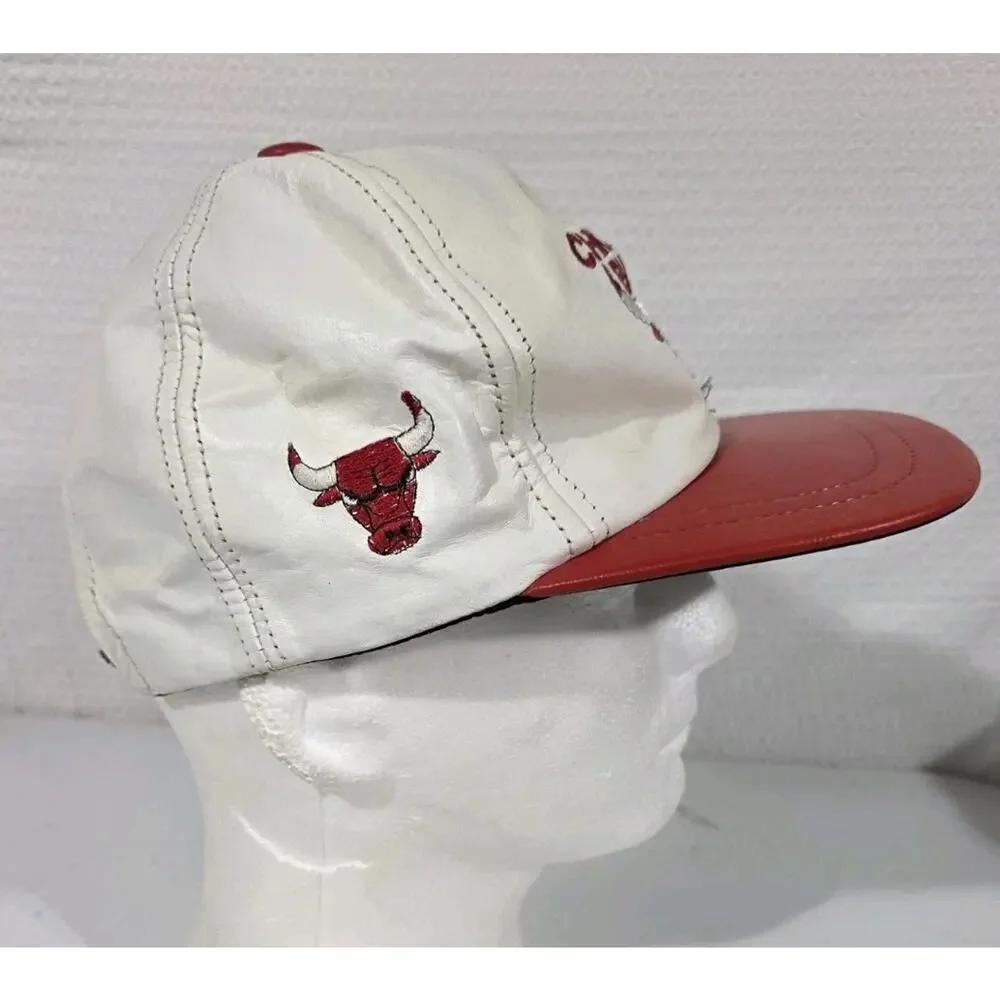 Vtg Chicago Bulls Genuine Leather Snapback Hat NBA Made USA White Red Cap
